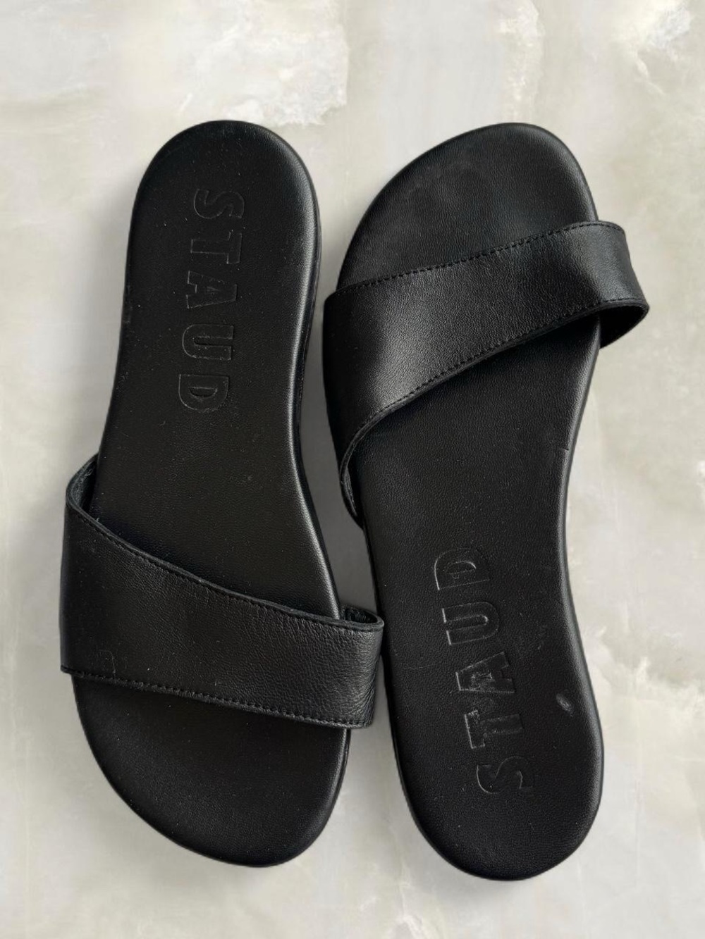 Staud Black Leather Slip On Sandals
